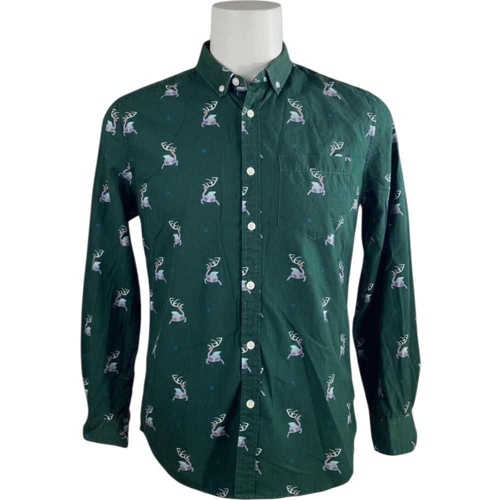 Denim & Flower Reindeer Christmas Shirt Mens Medium Slim Fit Green LS